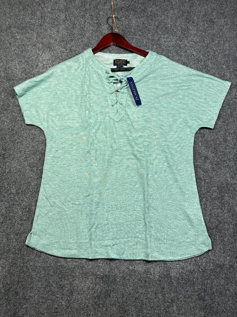 NEW Pendleton Top Womens Large Green Stretch Knit Lace Up V Neck Short Sleeve